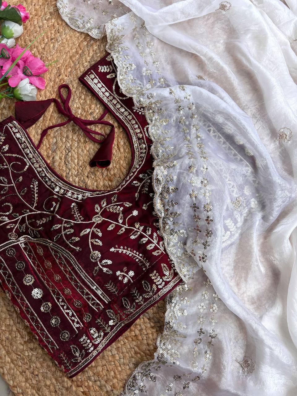 White Pure Soft Fandy Satin Silk Saree with Sequence Embroidery & Multi Border Aarco Work