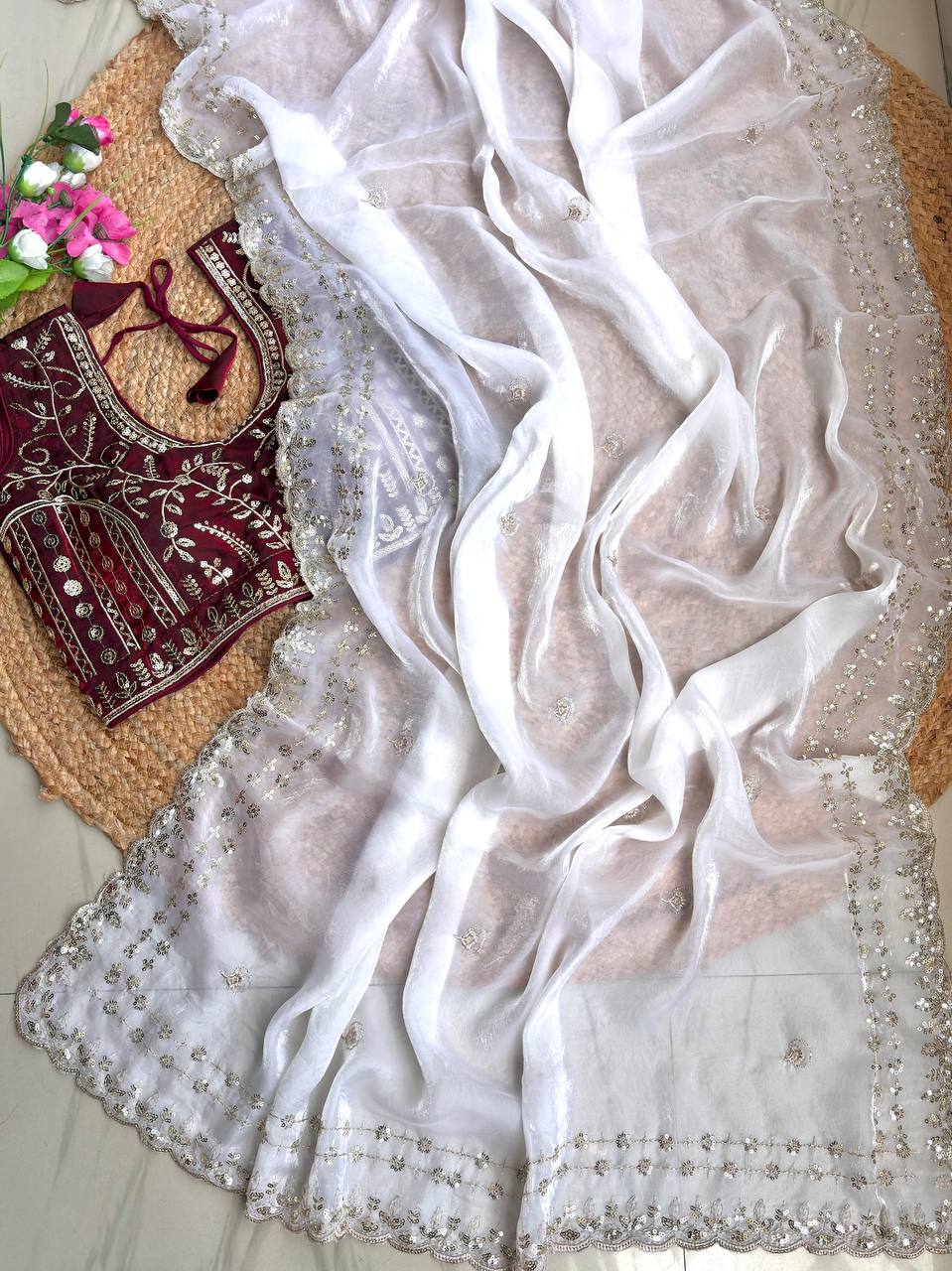 White Pure Soft Fandy Satin Silk Saree with Sequence Embroidery & Multi Border Aarco Work
