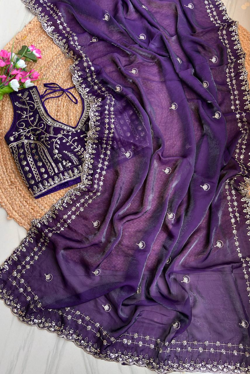 Purple Pure Soft Fandy Satin Silk Saree with Sequence Embroidery & Multi Border Aarco Work