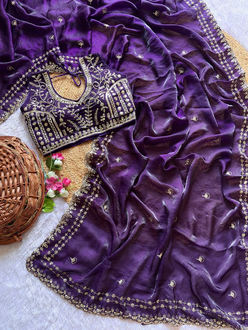 Purple Pure Soft Fandy Satin Silk Saree with Sequence Embroidery & Multi Border Aarco Work