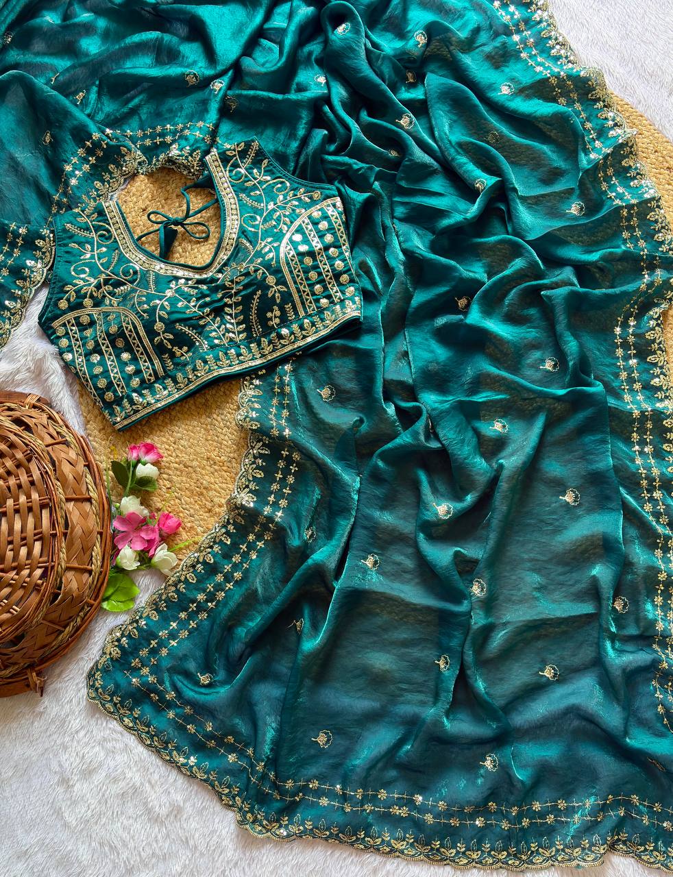 Teal Pure Soft Fandy Satin Silk Saree with Sequence Embroidery & Multi Border Aarco Work