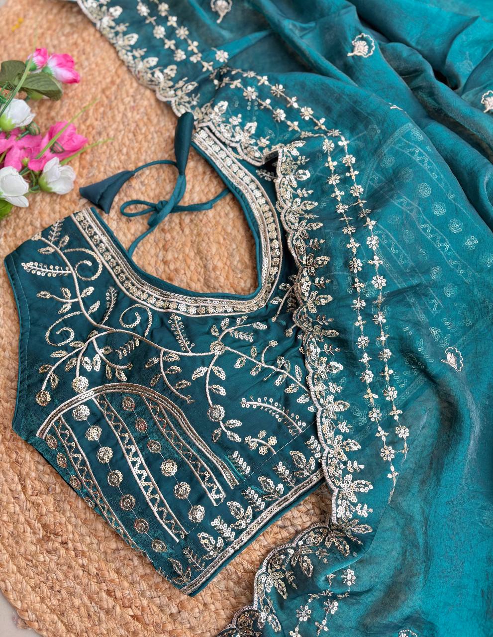 Teal Pure Soft Fandy Satin Silk Saree with Sequence Embroidery & Multi Border Aarco Work