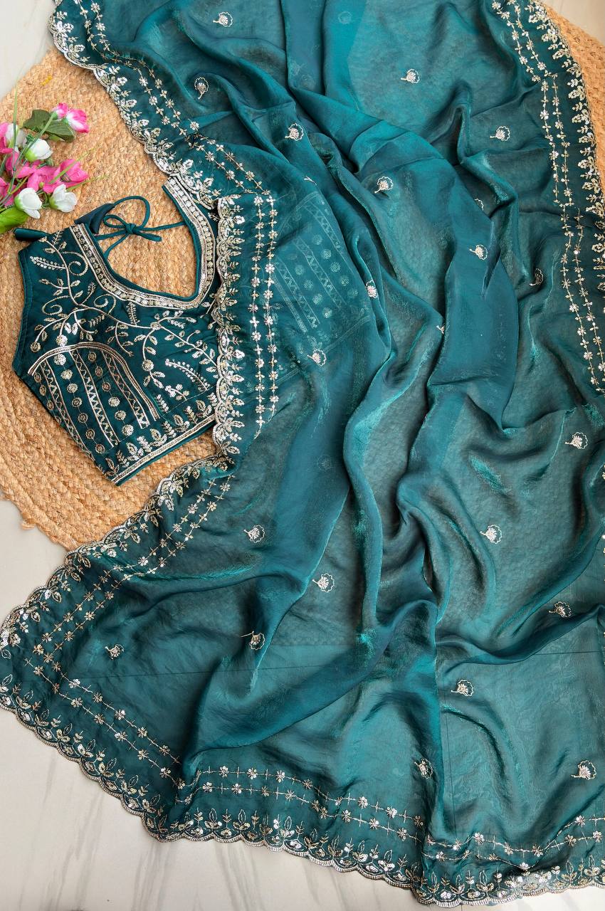 Teal Pure Soft Fandy Satin Silk Saree with Sequence Embroidery & Multi Border Aarco Work