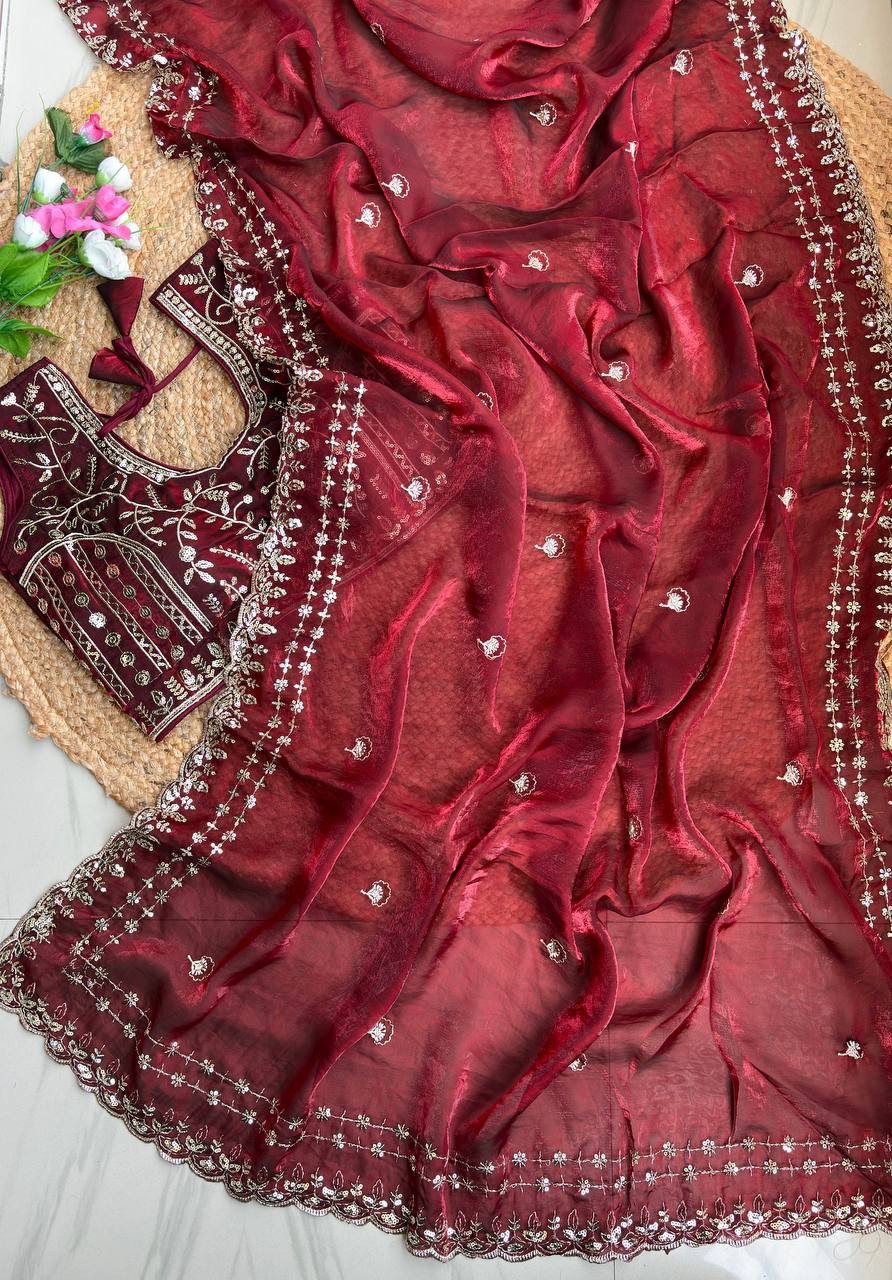Maroon Pure Soft Fandy Satin Silk Saree with Sequence Embroidery & Multi Border Aarco Work