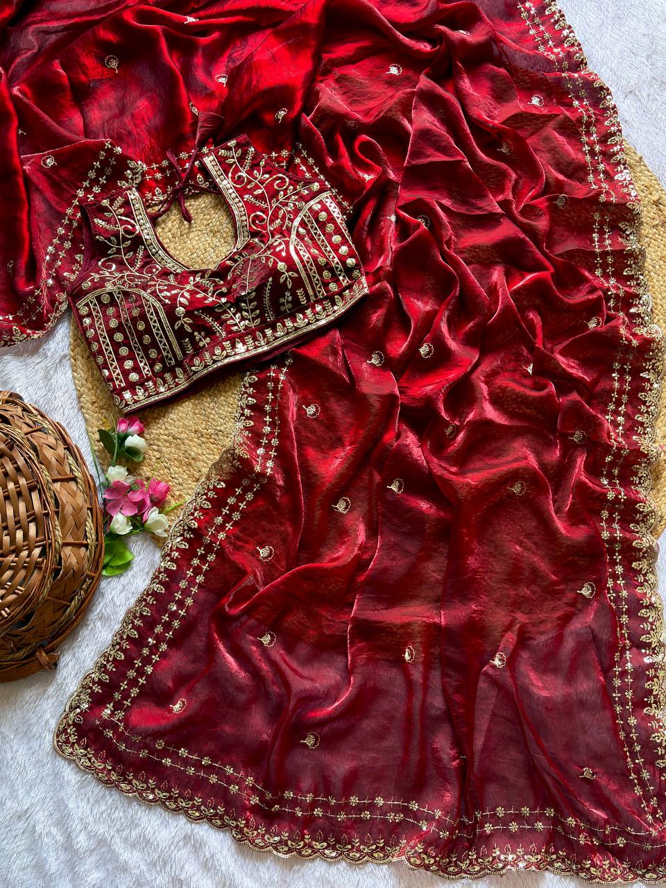 Maroon Pure Soft Fandy Satin Silk Saree with Sequence Embroidery & Multi Border Aarco Work