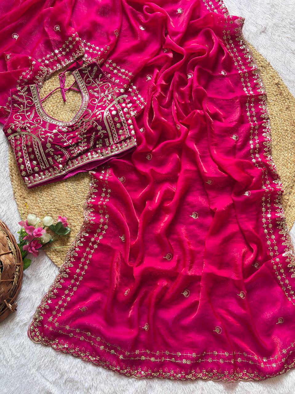 Rani Pink Pure Soft Fandy Satin Silk Saree with Sequence Embroidery & Multi Border Aarco Work