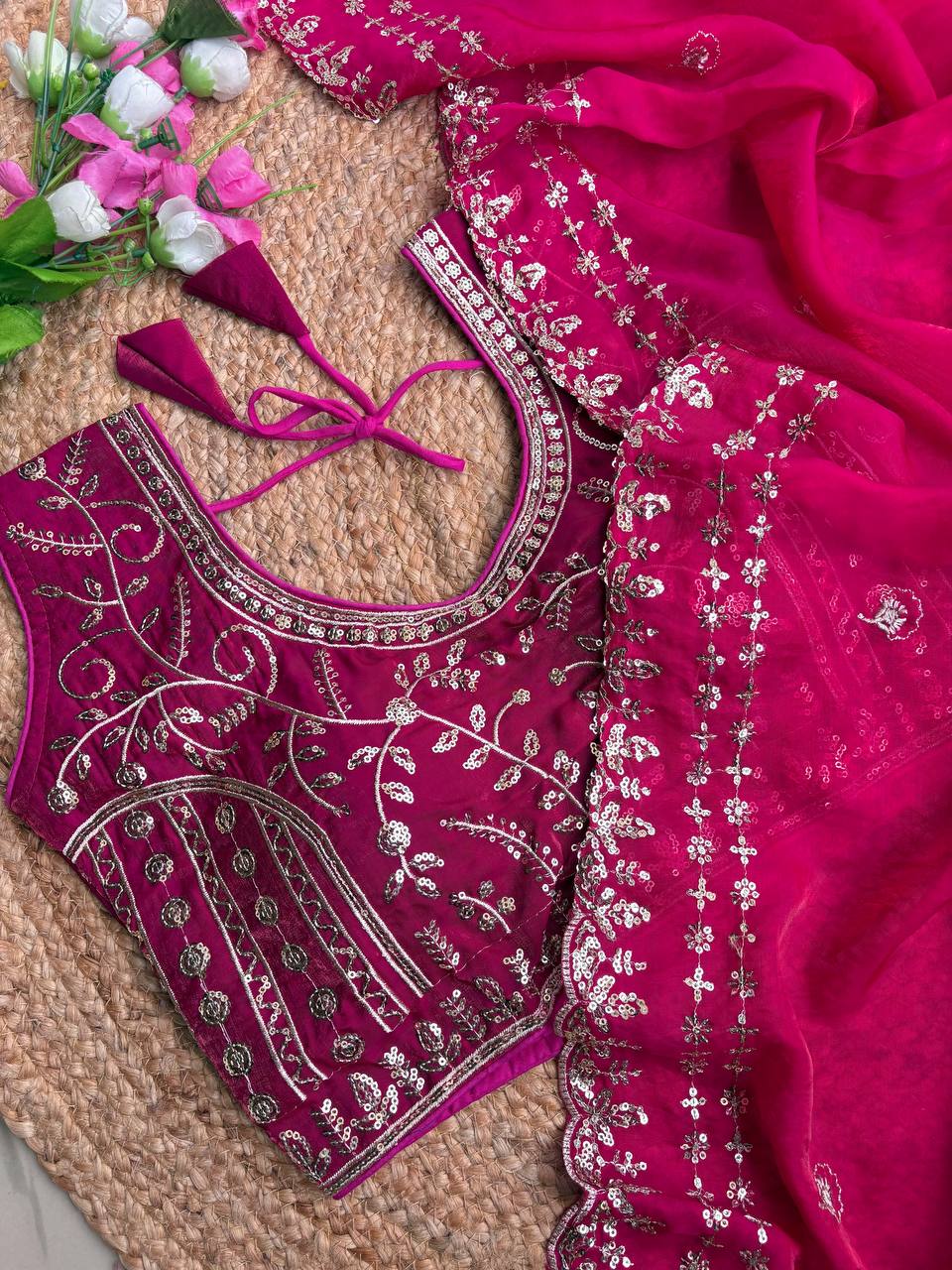 Rani Pink Pure Soft Fandy Satin Silk Saree with Sequence Embroidery & Multi Border Aarco Work