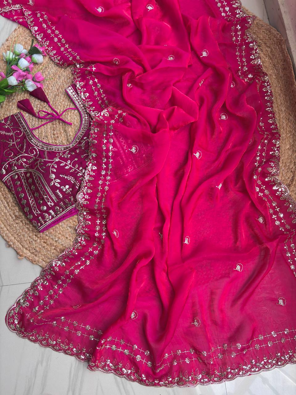 Rani Pink Pure Soft Fandy Satin Silk Saree with Sequence Embroidery & Multi Border Aarco Work