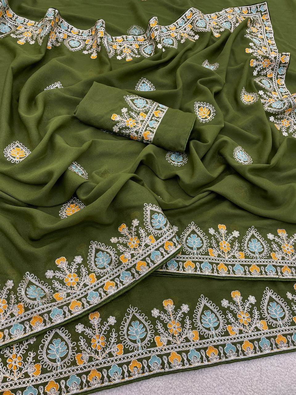 Olive Green Pure Star Georgette Silk Saree with Thread Work Embroidery & Piping Border