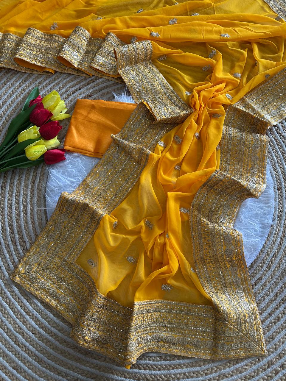 Yellow Pure Georgette Saree with Embroidery Sequins Work Border