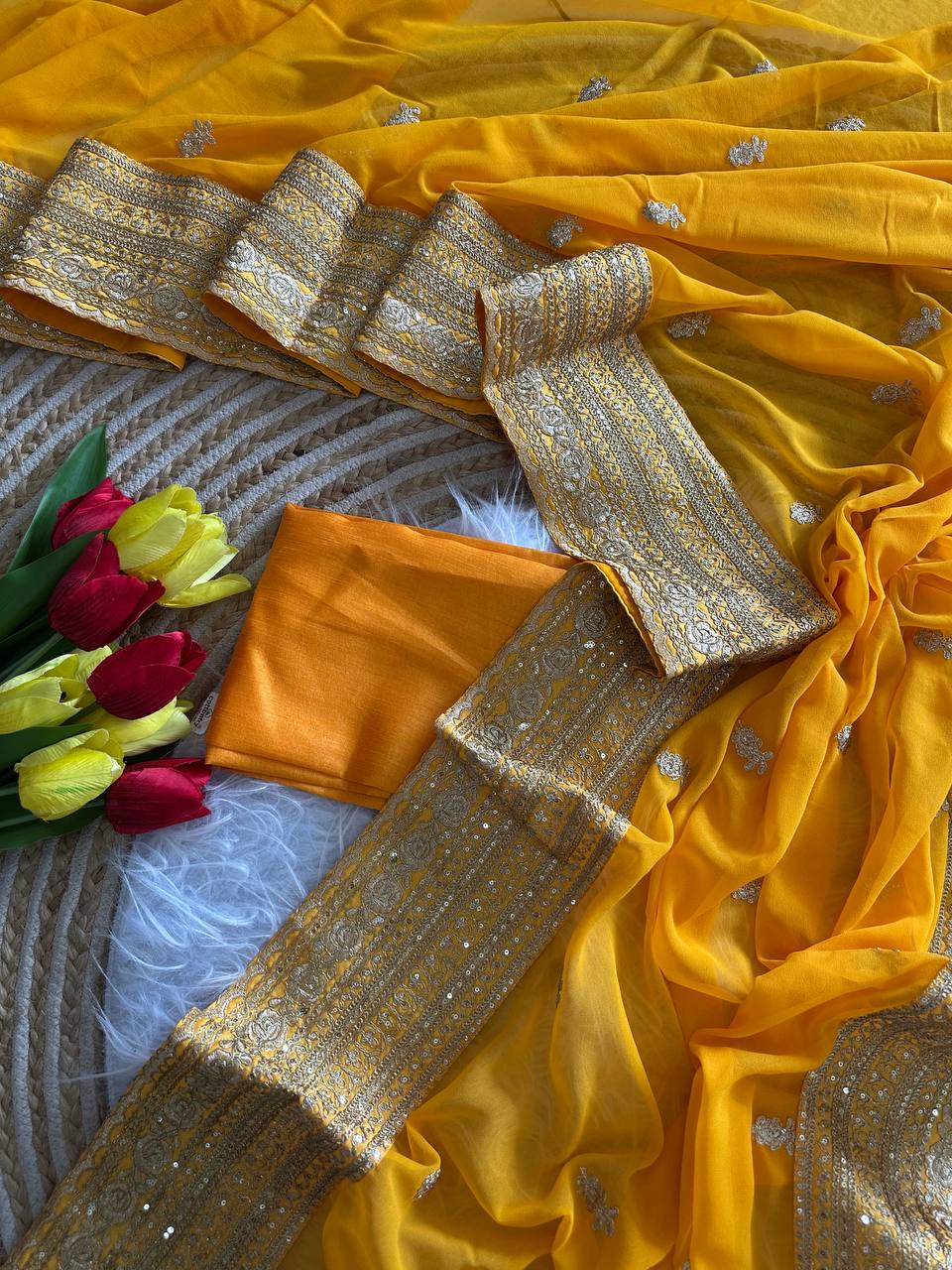Yellow Pure Georgette Saree with Embroidery Sequins Work Border
