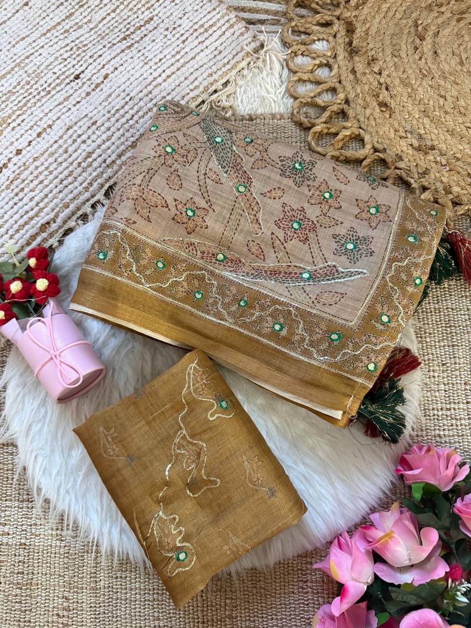 Beige Gold Pure Simar Silk Digital Printed Saree with Hand Khatli Work & Decorative Doll Pallu