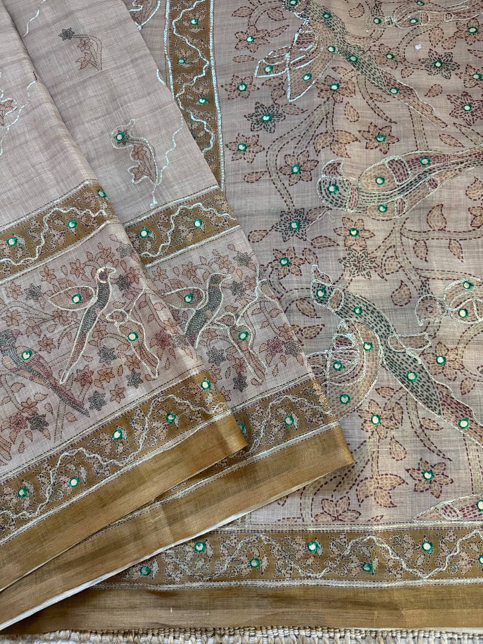 Beige Gold Pure Simar Silk Digital Printed Saree with Hand Khatli Work & Decorative Doll Pallu
