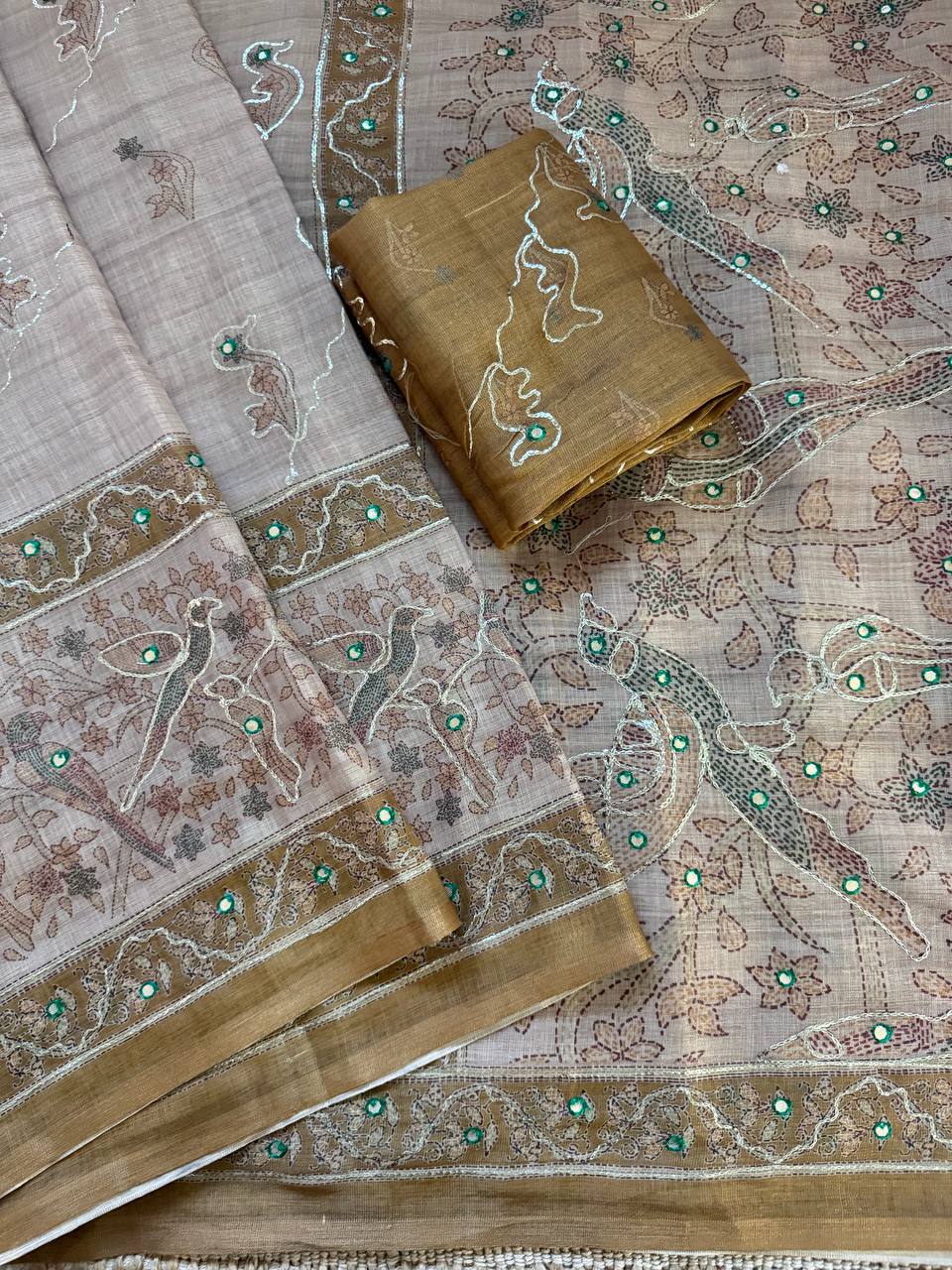 Beige Gold Pure Simar Silk Digital Printed Saree with Hand Khatli Work & Decorative Doll Pallu