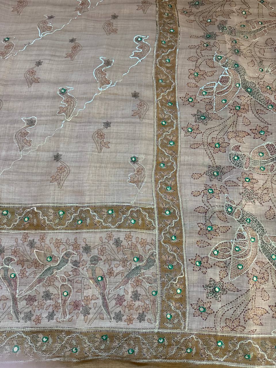 Beige Gold Pure Simar Silk Digital Printed Saree with Hand Khatli Work & Decorative Doll Pallu