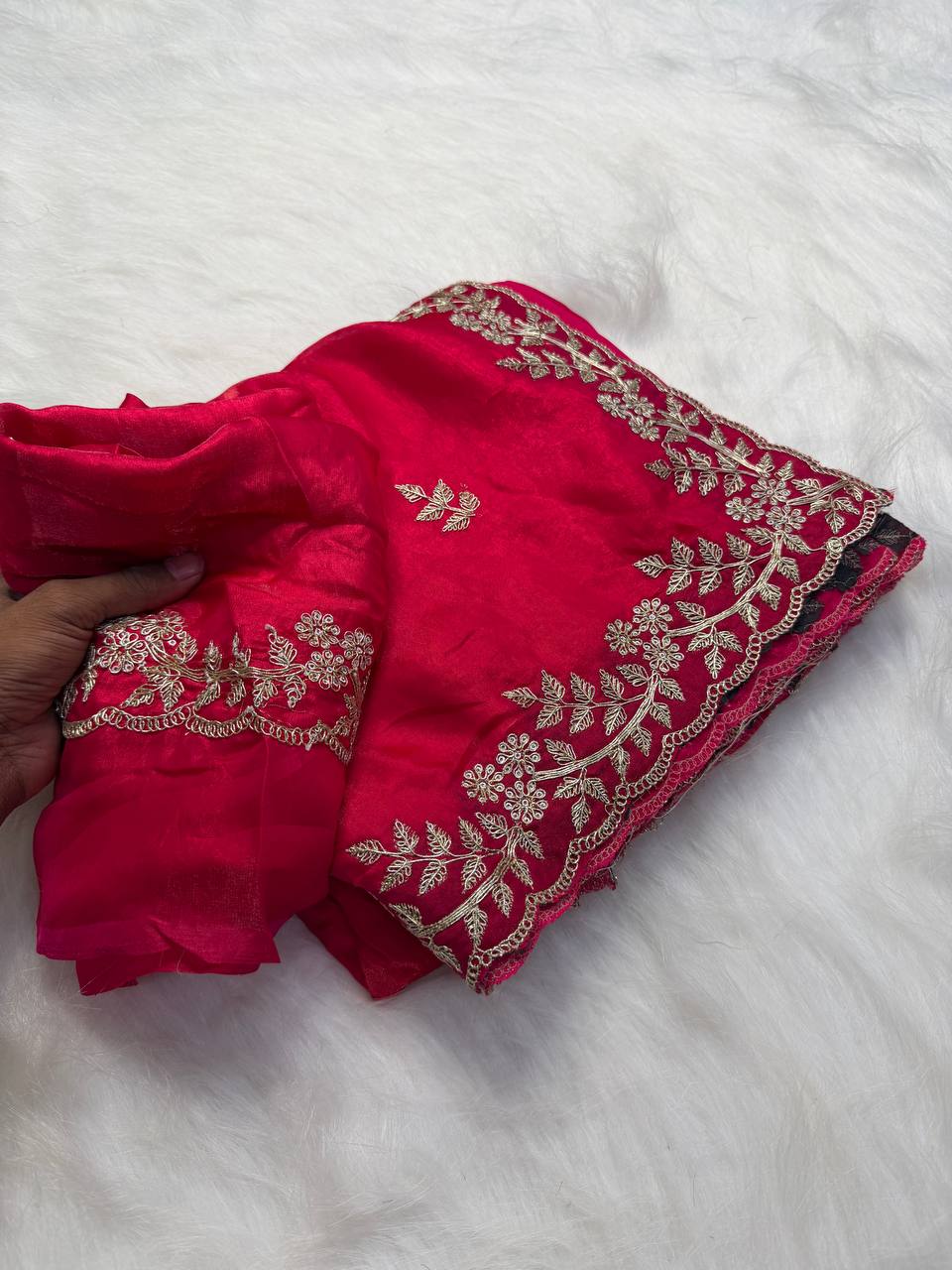 Rani Pink Premium Fancy Satin Saree with Spring Dori Embroidery & Butta Work