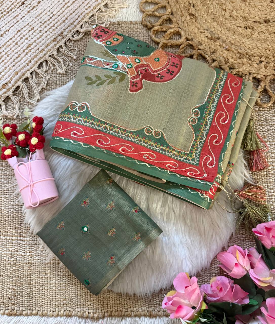 Sage Olive Green Pure Shimmer Silk Digital Print Saree with Kathli Work & Puppet Doll Pallu