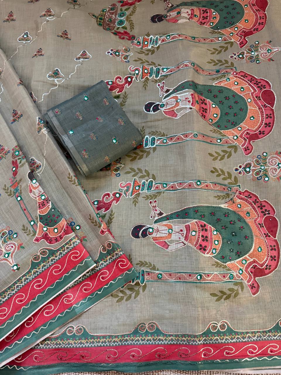 Sage Olive Green Pure Shimmer Silk Digital Print Saree with Kathli Work & Puppet Doll Pallu