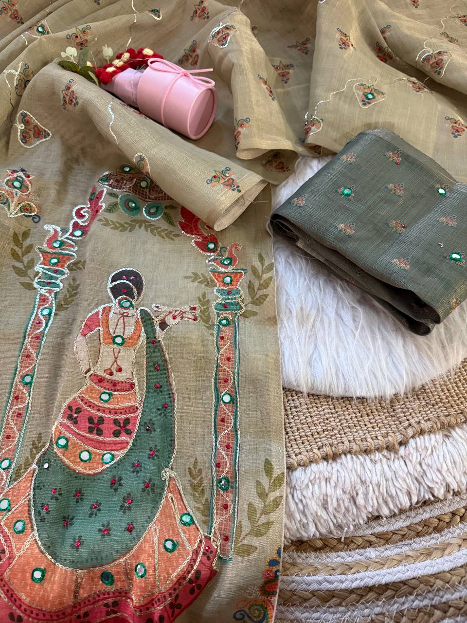 Sage Olive Green Pure Shimmer Silk Digital Print Saree with Kathli Work & Puppet Doll Pallu