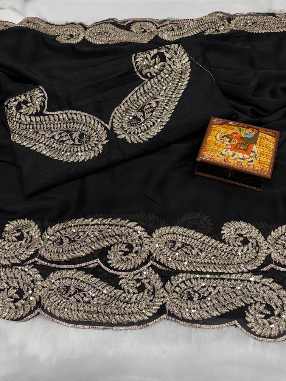 Black Premium Rangoli Silk Saree with C-Pallu Zari Thread & 3mm Sequence Embroidery
