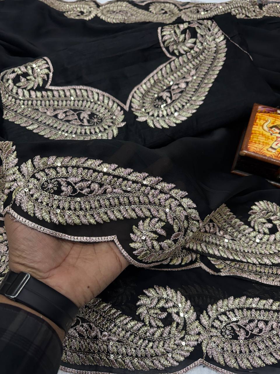 Black Premium Rangoli Silk Saree with C-Pallu Zari Thread & 3mm Sequence Embroidery