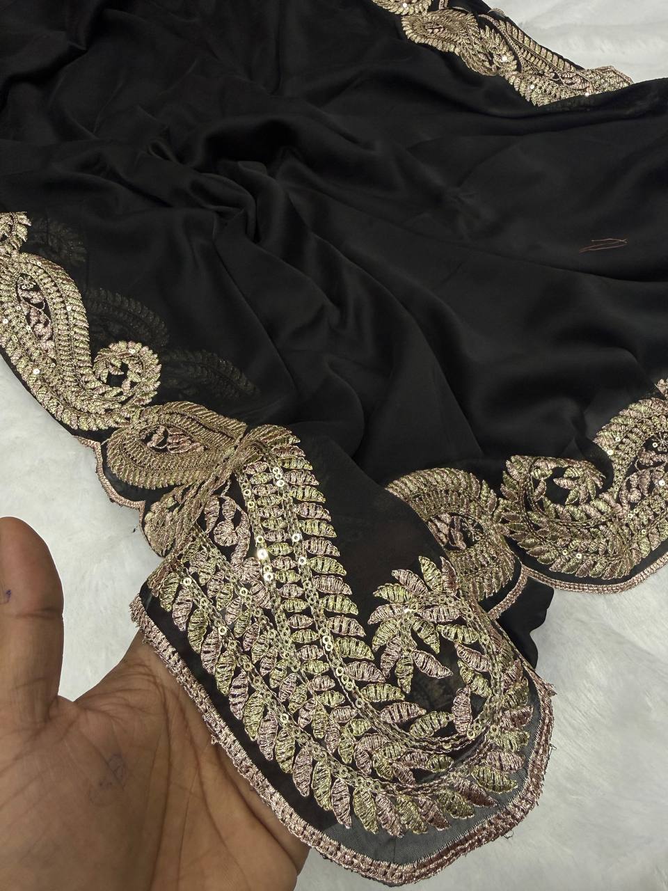 Black Premium Rangoli Silk Saree with C-Pallu Zari Thread & 3mm Sequence Embroidery