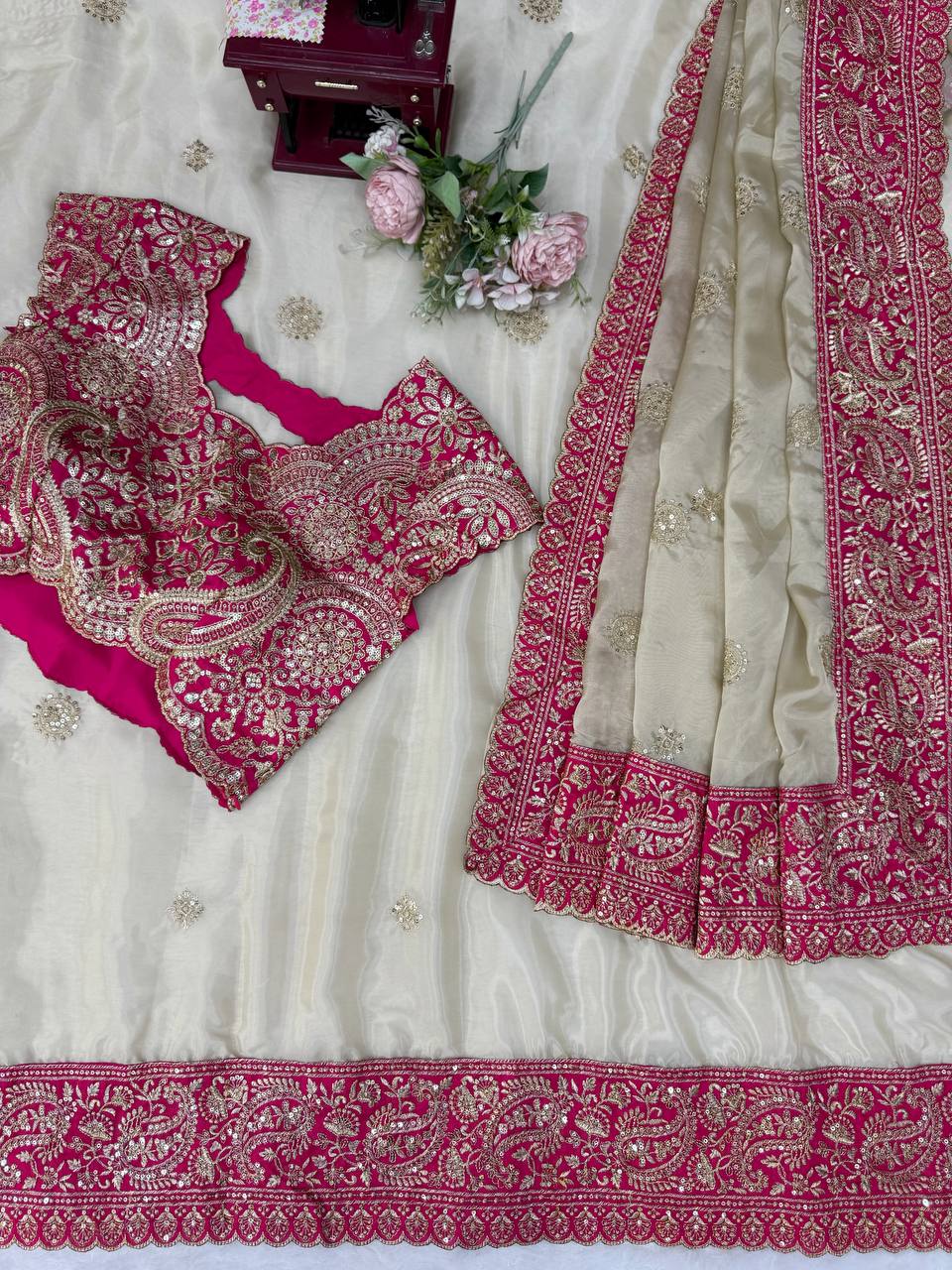 Off-White Organza Silk Saree with Rani Pink Blouse Piece