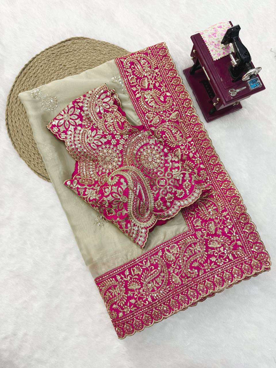 Off-White Organza Silk Saree with Rani Pink Blouse Piece