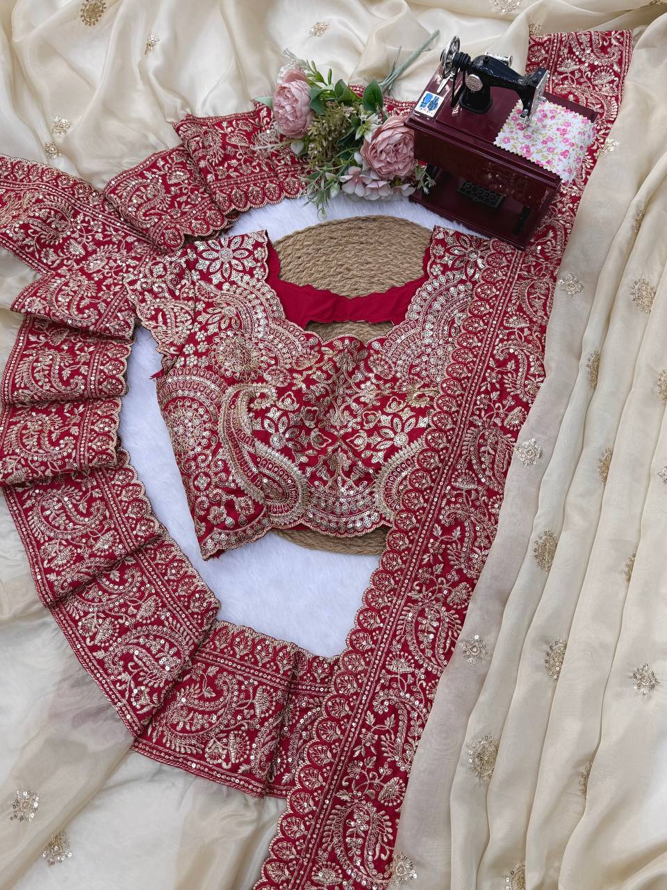 Off-White Organza Silk Saree with Rani Pink Blouse Piece