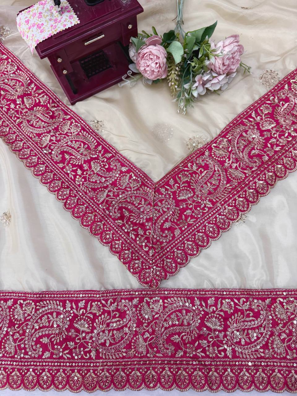 Off-White Organza Silk Saree with Rani Pink Blouse Piece