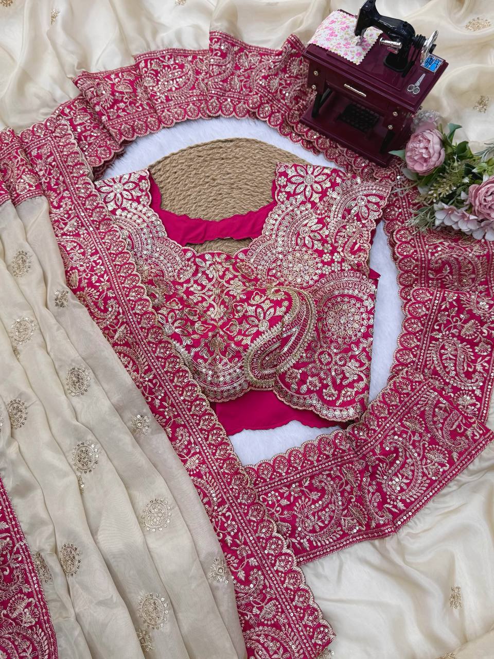 Off-White Organza Silk Saree with Rani Pink Blouse Piece