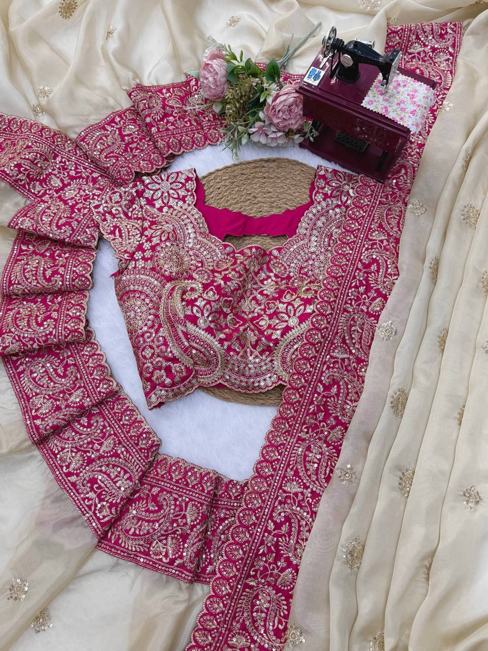 Off-White Organza Silk Saree with Rani Pink Blouse Piece