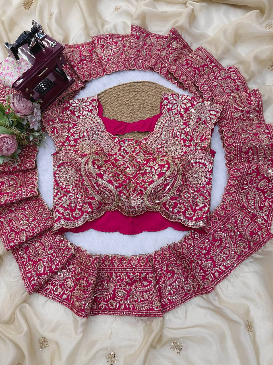 Off-White Organza Silk Saree with Rani Pink Blouse Piece