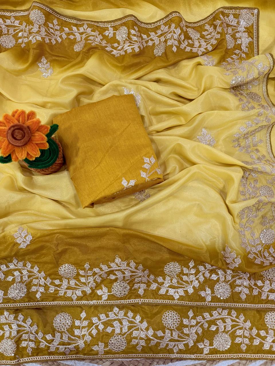 Mustard Yellow Dual-Tone Premium Chinon Silk Saree with Zari Sequin C-Pallu