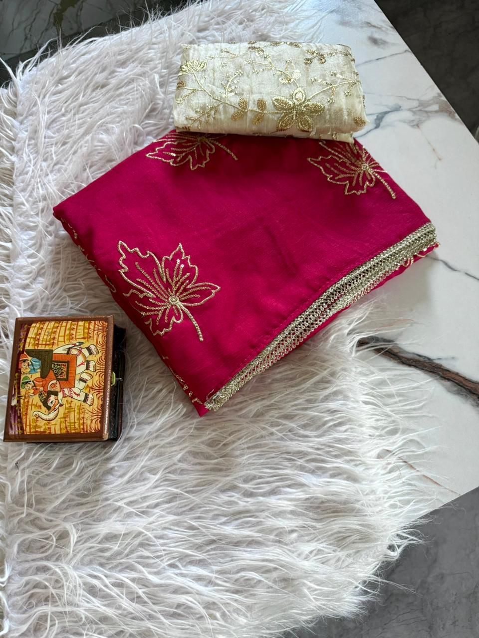 Rani Pink Vichitra Silk Saree with 3mm Sequins Embroidery & Readymade Lace Border