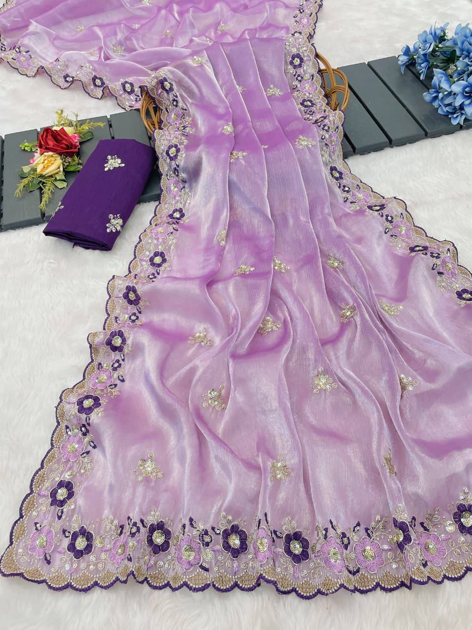 Lavender Premium Jimmy Choo Chiffon Saree with Multi Thread Embroidery & Arco Cutwork Border