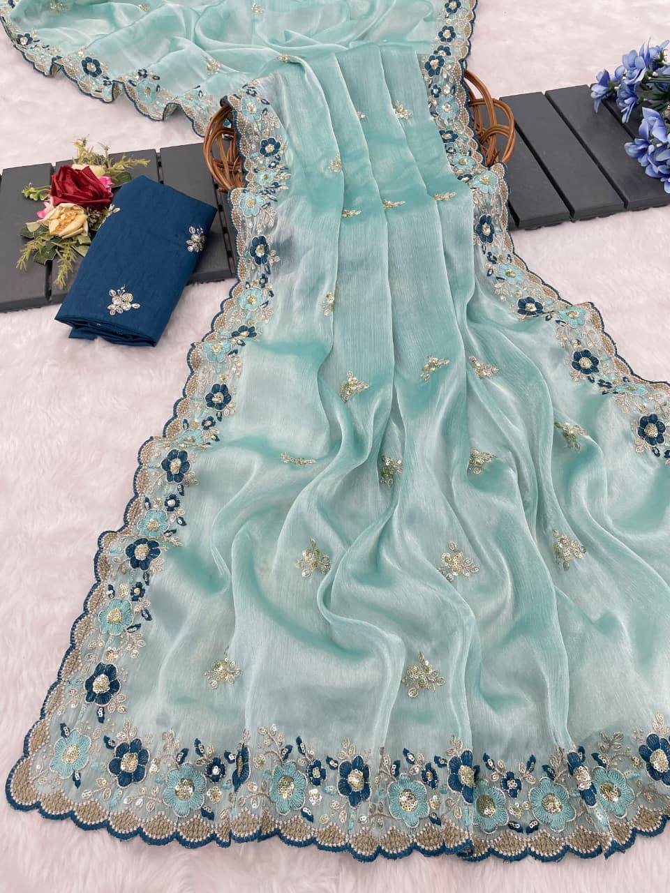 Sky Blue Premium Jimmy Choo Chiffon Saree with Multi Thread Embroidery & Arco Cutwork Border