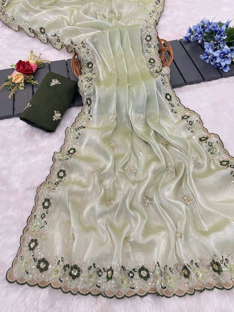 Pista Green Premium Jimmy Choo Chiffon Saree with Multi Thread Embroidery & Arco Cutwork Border