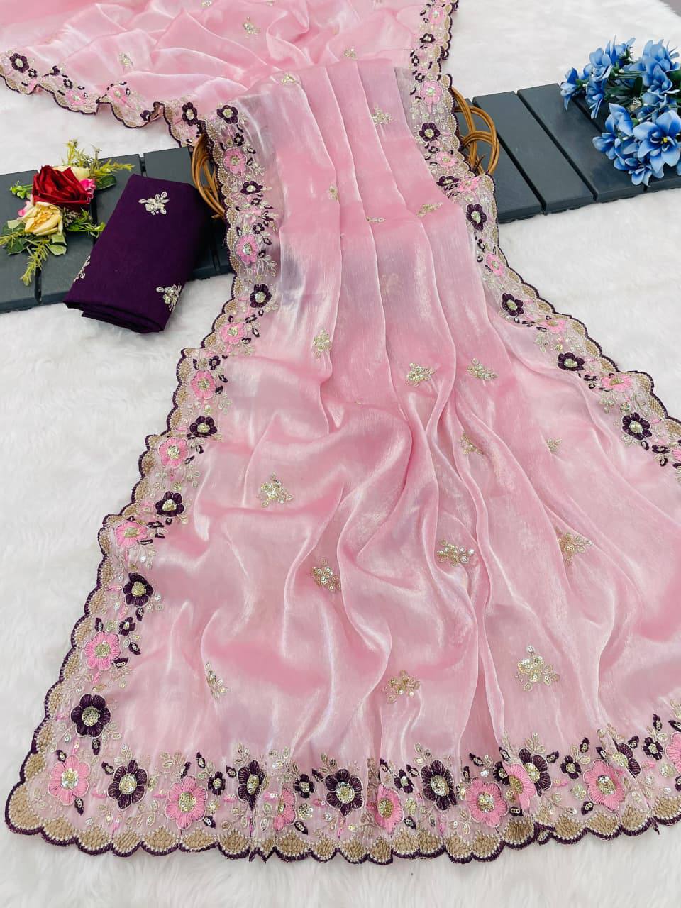 Baby Pink Premium Jimmy Choo Chiffon Saree with Multi Thread Embroidery & Arco Cutwork Border