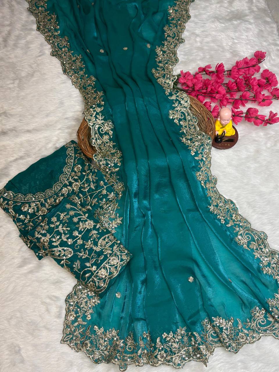 Teal Premium Fancy Satin Saree with Silver Zari Thread Work & Arco Cutwork Border