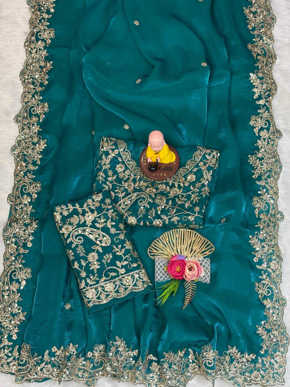 Teal Premium Fancy Satin Saree with Silver Zari Thread Work & Arco Cutwork Border