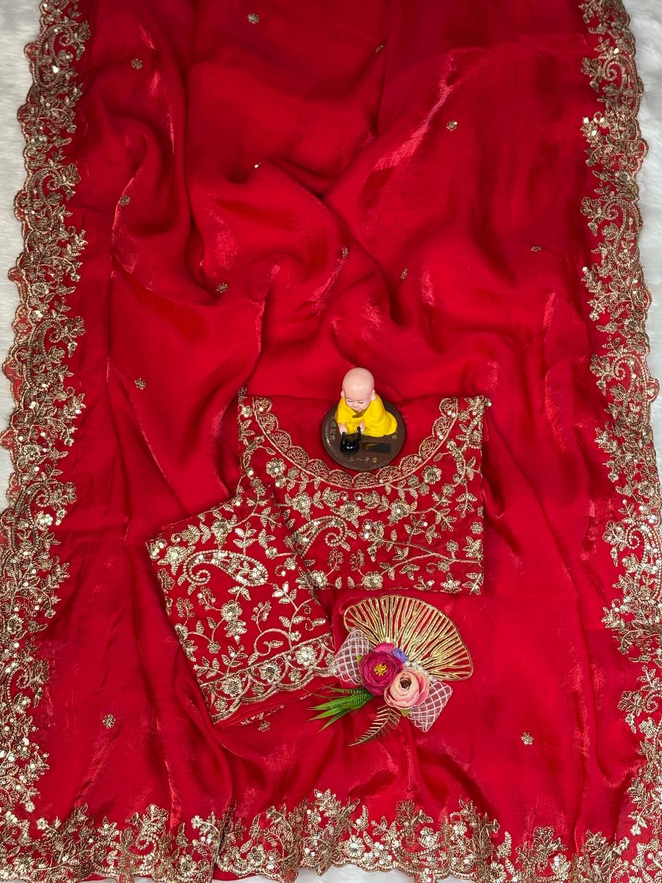 Red Premium Fancy Satin Saree with Silver Zari Thread Work & Arco Cutwork Border