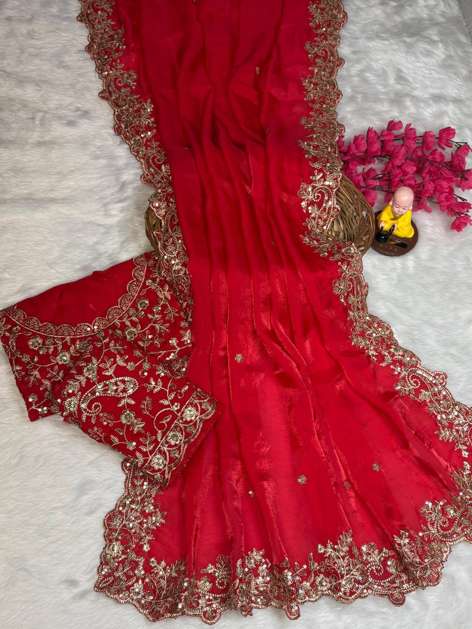 Red Premium Fancy Satin Saree with Silver Zari Thread Work & Arco Cutwork Border