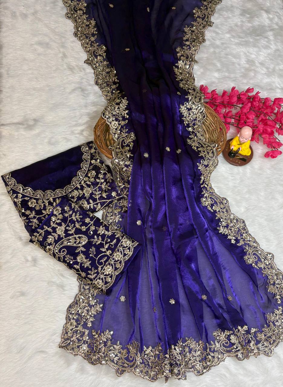 Purple Premium Fancy Satin Saree with Silver Zari Thread Work & Arco Cutwork Border