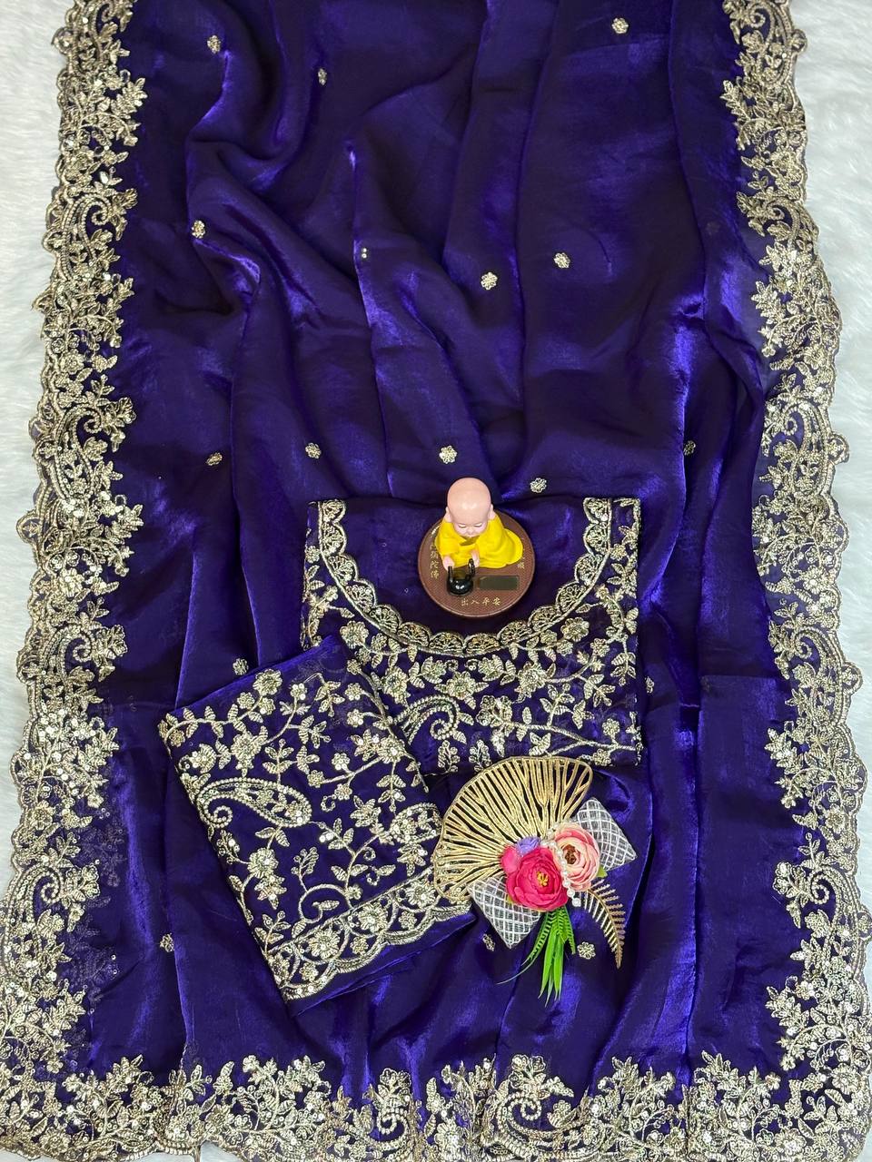 Purple Premium Fancy Satin Saree with Silver Zari Thread Work & Arco Cutwork Border