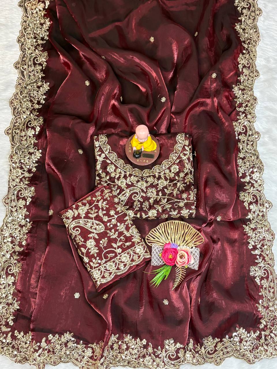 Maroon Premium Fancy Satin Saree with Silver Zari Thread Work & Arco Cutwork Border