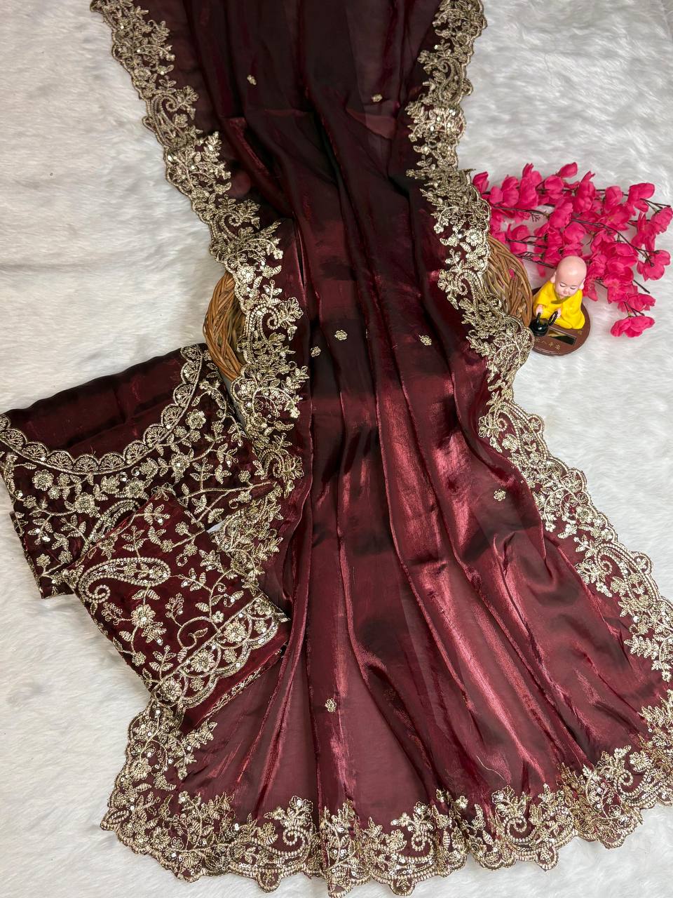 Maroon Premium Fancy Satin Saree with Silver Zari Thread Work & Arco Cutwork Border