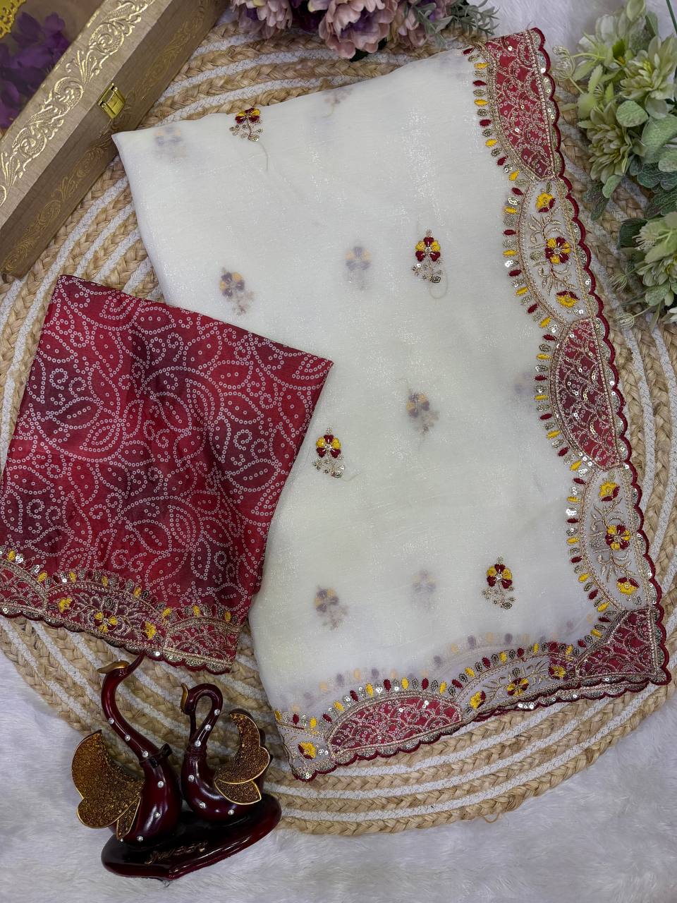White Crunchy Silk Sequins and Thread Work Saree For Women