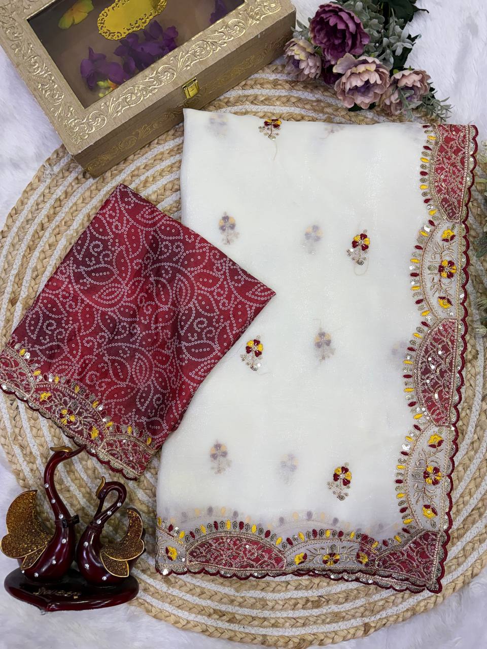 White Crunchy Silk Sequins and Thread Work Saree For Women