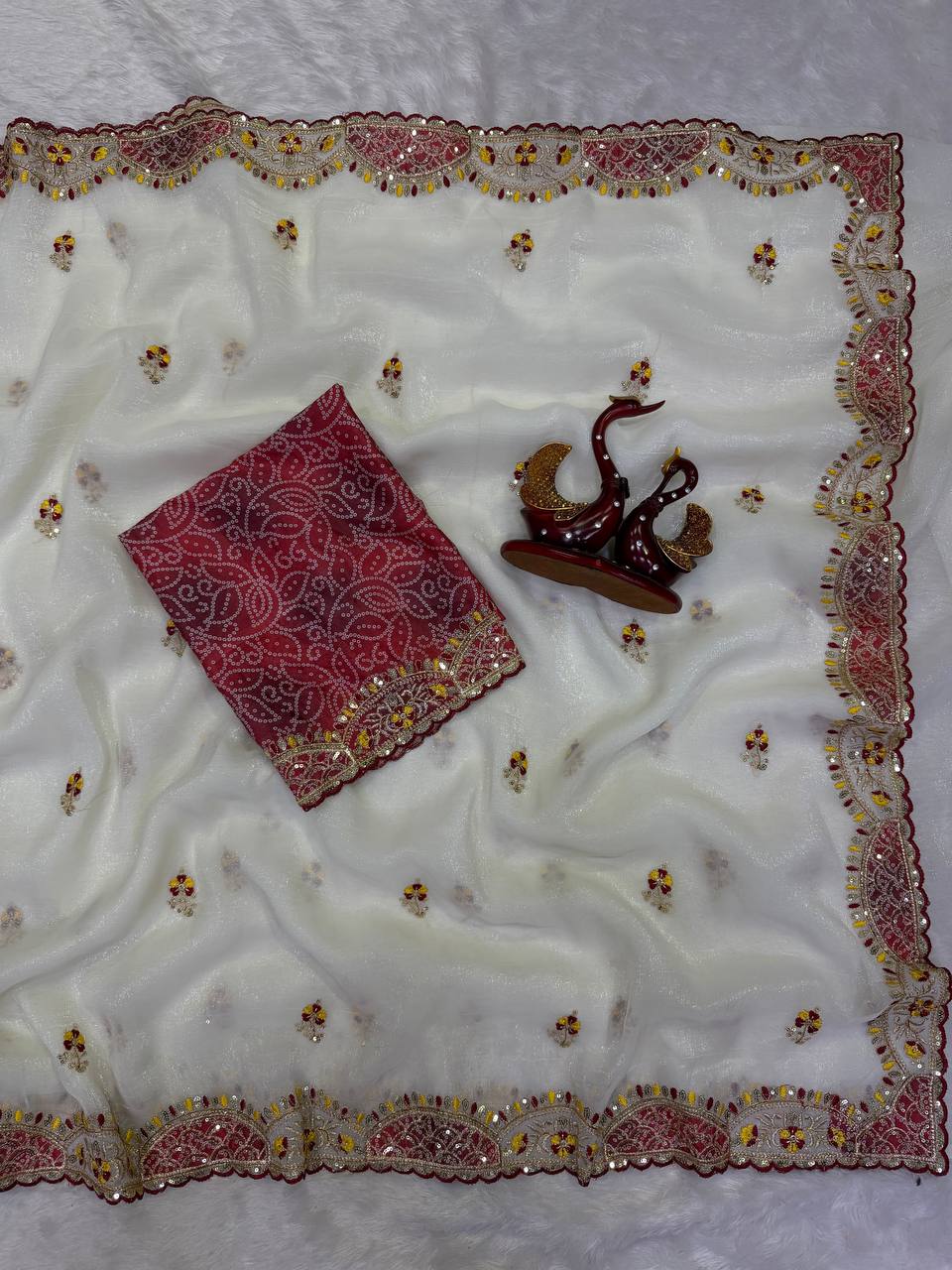 White Crunchy Silk Sequins and Thread Work Saree For Women